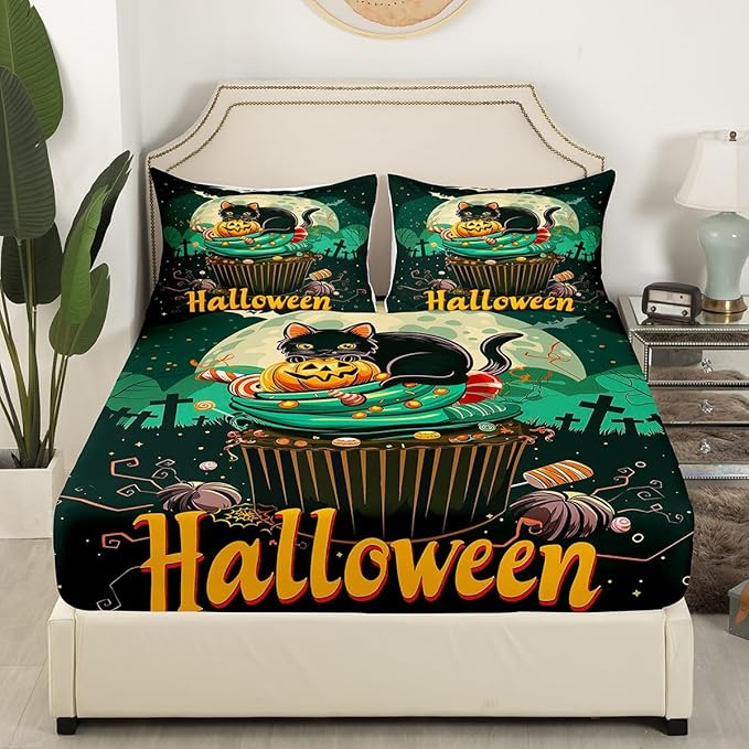 Halloween Fitted Sheet Sweet Cake Dessert Trippy Bed Sheet Set for Kids Children Teens Exotic Cat Pumpkin Glitter Starry Moon Sky Green Black Bed Cover Toddler Bedroom Decor,Twin Size