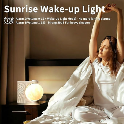Moonrise Sunrise Alarm Clock with Wake Up Light & RGB Moon Lamp, Dual Alarms, Snooze Function, Night Light for Kids Adults, Bedroom Decor