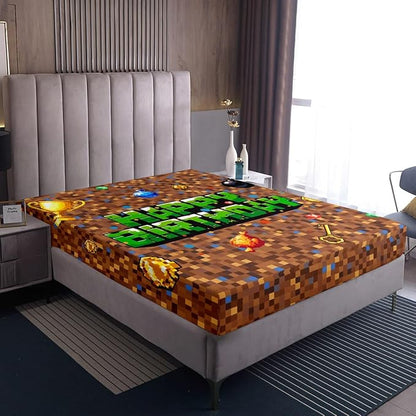 Pixel Game Kids Full Size Fitted Sheet,Happy Birthday Video Games Room Decor,Check Patchwork Geometric Boys Girls Bed Sheets,Brown Bedding Set,2 Pillowcases(No Flat)