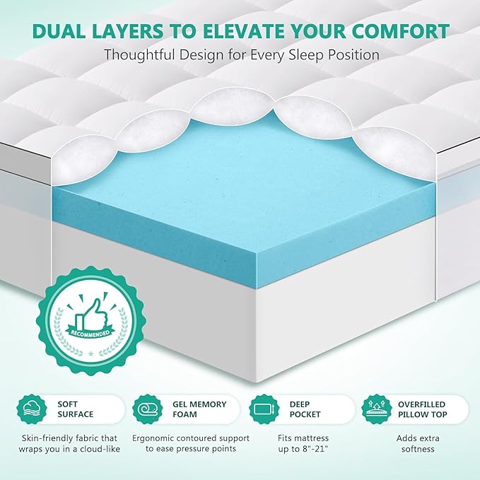 Dual Layer 4 Inch Memory Foam Mattress Topper California King Size, 2 Inch Cooling Gel Memory Foam Plus 2 Inch Pillow Top Thick Mattress Pad