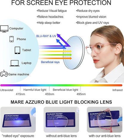 MARE AZZURO Blue Light Blocking Reading Glasses Women Computer Readers 0 100 125 150 175 200 225 250 275 300 350 400 500 600 (Pink, 1.75)
