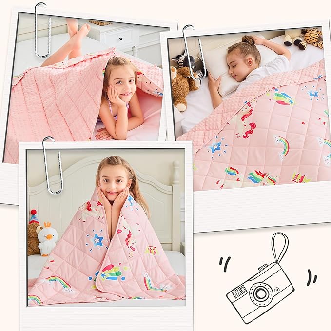 yescool Unicorn Weighted Blanket 3 lb Small Weighted Lap Blanket for Girls, Pink Rainbow Weighted Throw Blankets Minky Heavy Blankets, for 20-45lbs, 36 * 48in