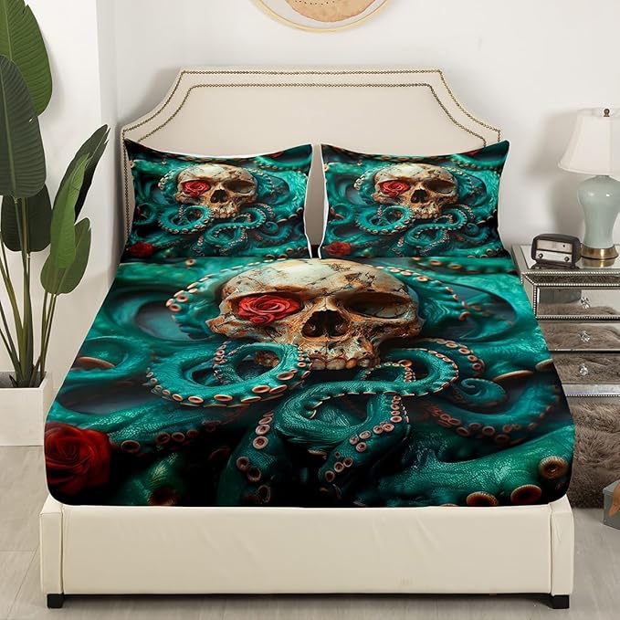 Skull Skeleton Fitted Sheet Full Size,Octopus Marine Life Ocean Animals Bedding Set,Boys Girls Room Decor,Happy Halloween Rose Flowers Trippy Bed Cover,Blue Gothic Bed Sheet,2 Pillowcases