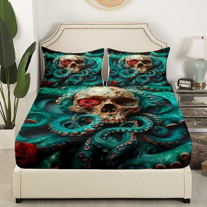 Skull Skeleton Fitted Sheet Full Size,Octopus Marine Life Ocean Animals Bedding Set,Boys Girls Room Decor,Happy Halloween Rose Flowers Trippy Bed Cover,Blue Gothic Bed Sheet,2 Pillowcases
