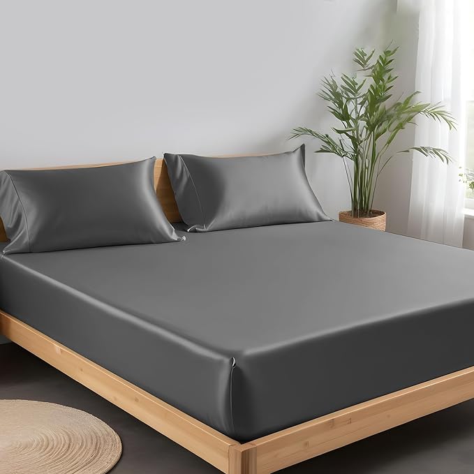 LINENWALAS Fitted Sheet Only Viscose Derived from Bamboo, Bottom Sheet for Twin XL Size Bed – 16” Deep Pocket, All Around Snug Fit – Cooling, Breathable, Soft, Hypoallergenic (Charcoal Grey, Twin XL)