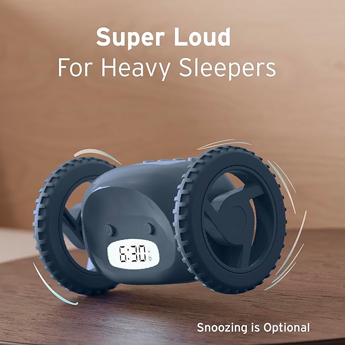 CLOCKY Alarm Clock on Wheels – Loud Rolling Alarm Clock for Heavy Sleepers | Runaway Clock That Jumps & Runs to Wake You Up | Funny Unique Gift for Adults, Teens & Kids Bedrooms (Slate)