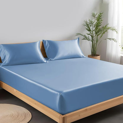 LINENWALAS Fitted Sheet Only Viscose Derived from Bamboo, Bottom Sheet for Full Size Bed – 16” Deep Pocket, All Around Snug Fit – Cooling, Breathable, Soft, Hypoallergenic (Bahamas Blue, Full)