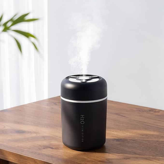 Portable Mini Humidifier, 300ml USB Cool Mist Small Humidifier with Colorful Lights. Perfect for Bedroom, Office, Plants, travel & Car (Black)