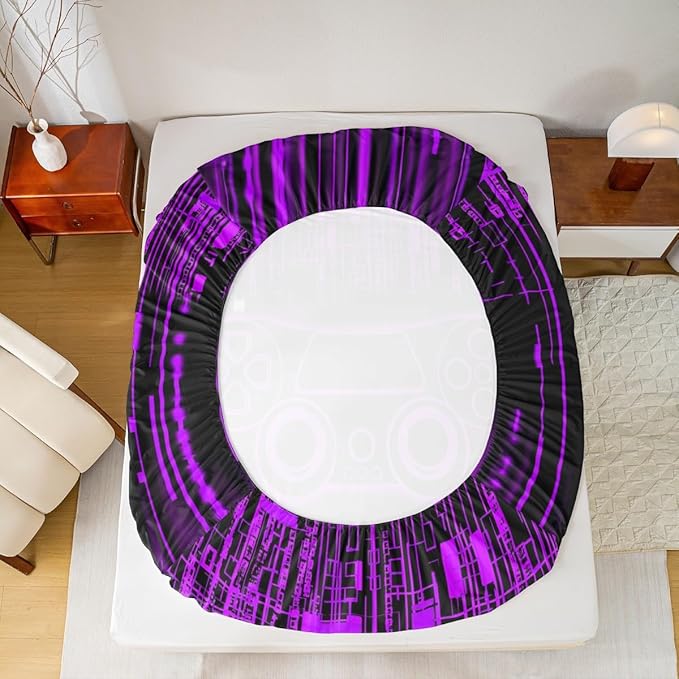 Geometric Gamepad Kids Sheet Queen Size,Modern Neon Lights Honeycomb Hexagon Bedding Set,Boys Girls Room Decor,Videogames Gaming Controller Purple Bed Sheet Set 4pcs(Fitted + Flat + 2 Pillowcases)