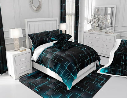 Manfei Abstract Sheet Set Full Size, Modern Geometric Square Grid Bedding Set for Kids Boys Girls Adults, Blue and Black Bed Sheet Set 4pcs with Deep Pocket Fitted Sheet + Flat Sheet + 2 Pillowcases