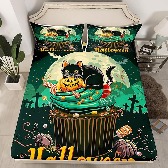 Halloween Bed Cover(1 Fitted Sheet+1 Pillow Case),Sweet Cake Dessert Trippy Bedding Set for Room Decor,Exotic Cat Pumpkin Glitter Starry Moon Sky Green Black Bed Sheet Set,3Pcs Full Size
