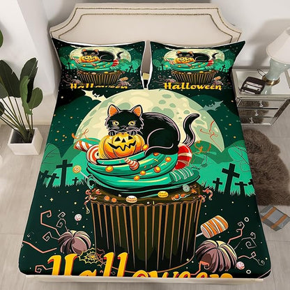 Halloween Bed Cover(1 Fitted Sheet+1 Pillow Case),Sweet Cake Dessert Trippy Bedding Set for Room Decor,Exotic Cat Pumpkin Glitter Starry Moon Sky Green Black Bed Sheet Set,3Pcs Full Size