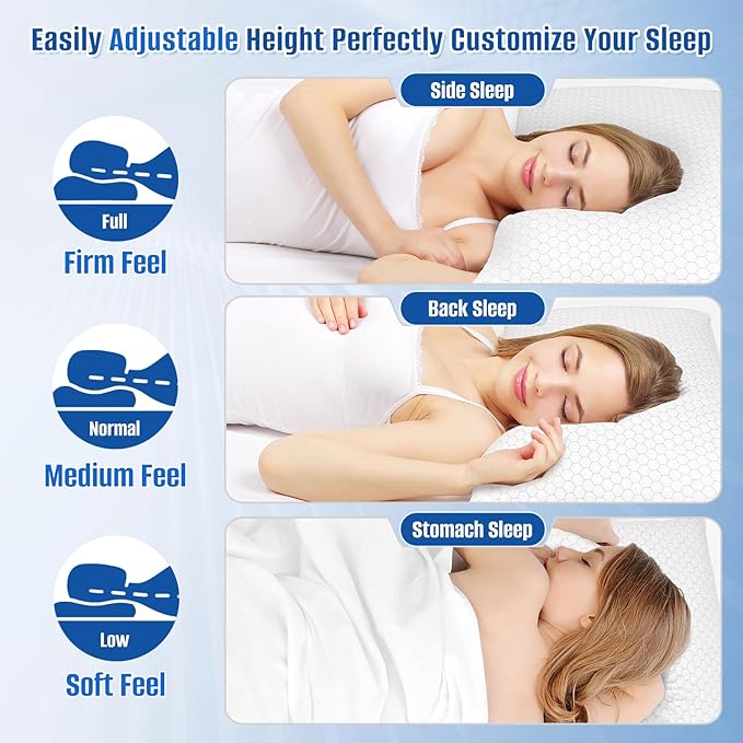 Shredded Memory Foam Pillow for Sleeping, Cooling Bed Pillows Set of 2, Adjustable Pillows for Side, Back, Stomach Sleepers with Washable Pillowcase (Queen Size, Grey)