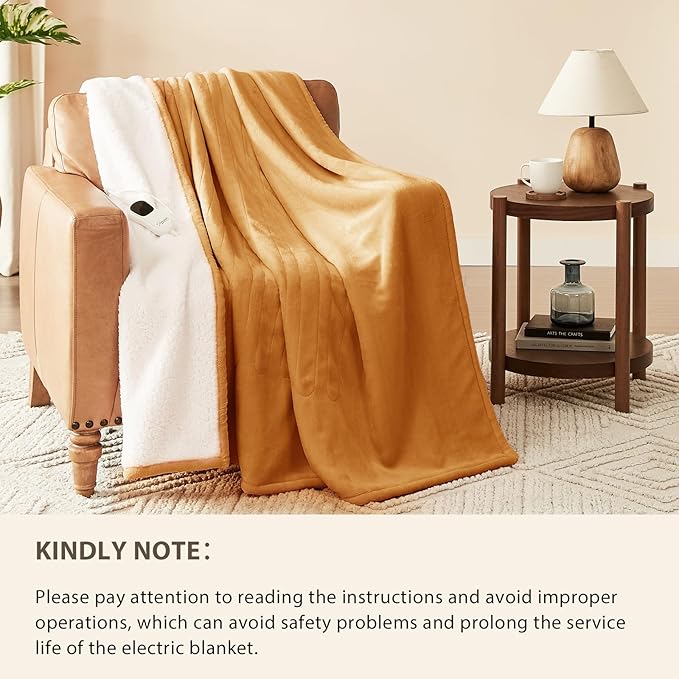 Homemate Electric Heated Blanket Queen Size - 84"x90" Heating Blanket Queen Size Dual Control 1/2/4/6/8 Hours Auto-Off 10 Heat Level Over-Heat Protection Flannel Sherpa ETL Certification
