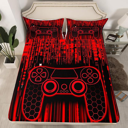 Neon Gamepad Kids Sheet Queen Size,Modern Geomcetric Honeycomb Hexagon Fashion Bedding Set,Boys Girls Room Decor,Videogaming Games Controller Red Bed Sheet Set 4pcs(Fitted + Flat + 2 Pillowcases)