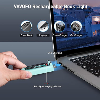 VAVOFO USB Rechargeable Book Light, Blue Light Blocking, Amber Light Clip On Bookmark Shaped Reading Light, Eye Care 6 LEDs Book Light for Bookworms Reading in Bed with 9 Lighting Modes (Powder Green)