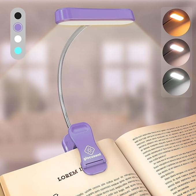 Glocusent Horizontal ET-Head Book Light for Reading in Bed, Eye Caring, CRI 95, 3 Colors & 5 Brightness, Rechargeable Long Lasting Reading Light, 1.8Oz Lightweight & Portable, Perfect for Book Lovers