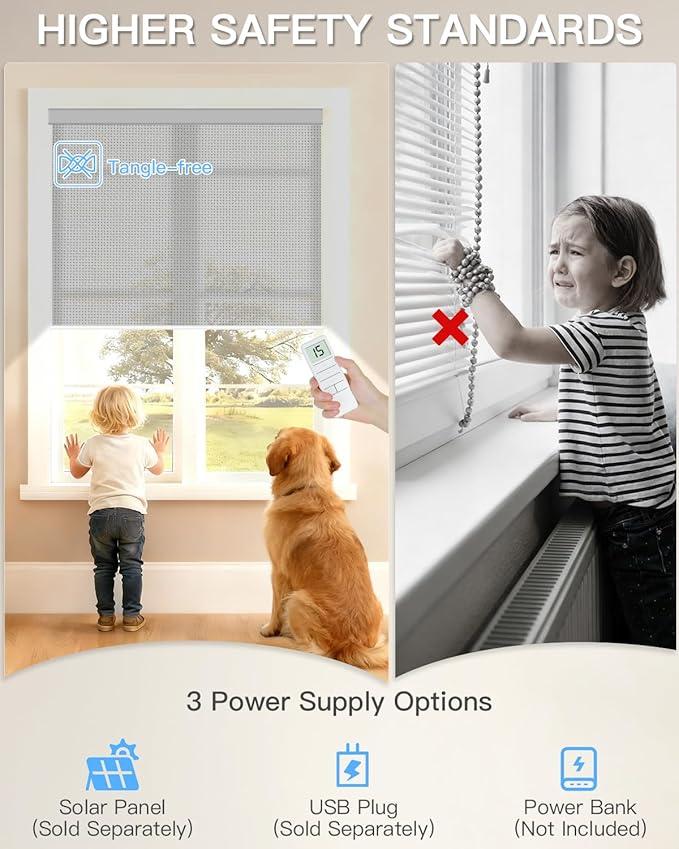 Motorized Solar Roller Shades with Remote Control, Light Filtering Smart Blinds for Windows Compatible with Alexa Google via Hub, Rechargeable Electric Shade Customized Size (Fireproof Grey)
