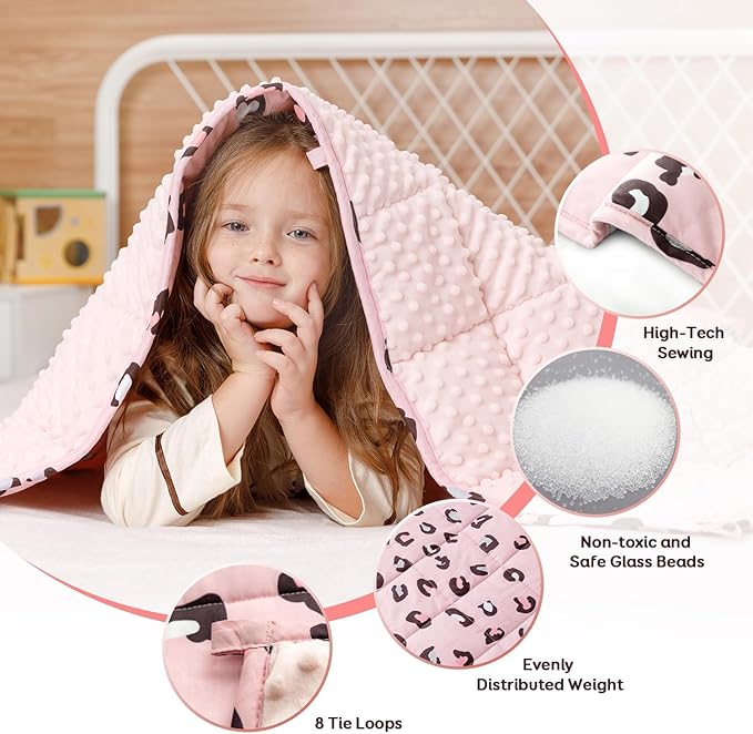 Uttermara Weighted Blanket 7 lbs, Ultra Cozy Minky Fleece and Cotton Sided with Cartoon Patterns, Reversible Heavy Blanket Great for Calming and Sleeping, 36x48 inches, Pink Leopard