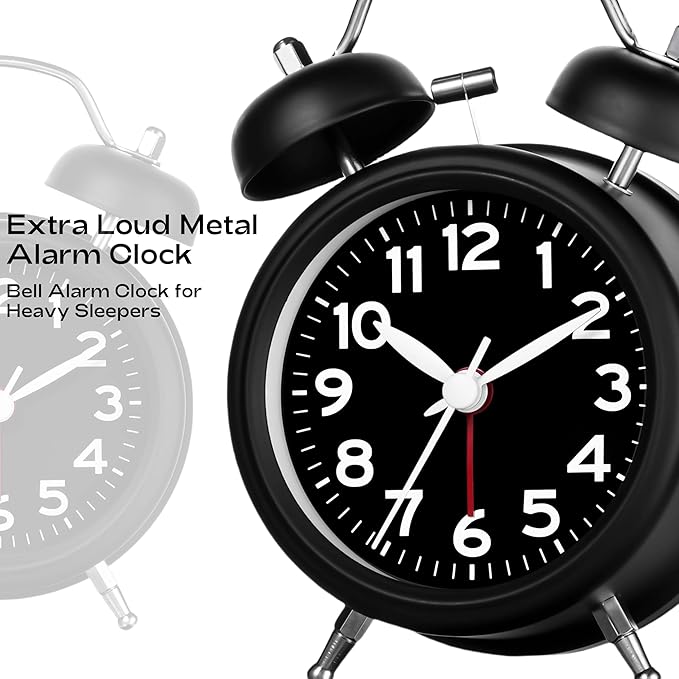 AKCISOT Loud Alarm Clock for Heavy Deep Sleepers,3 Inches Analog Metal Twin Bell Clocks Battery Operated with Backlight for Bedroom Bseide, Old Fashioned for Desk Home Decoration (Black)