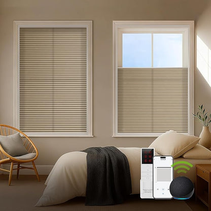 ZSTARR Motorized Skylight Shades Blackout Cellular Honeycomb Electric Blinds with Solar Panel Cordless Rechargeable with Remote for Roof and Slanted Windows Custom Size (LF Coffee)