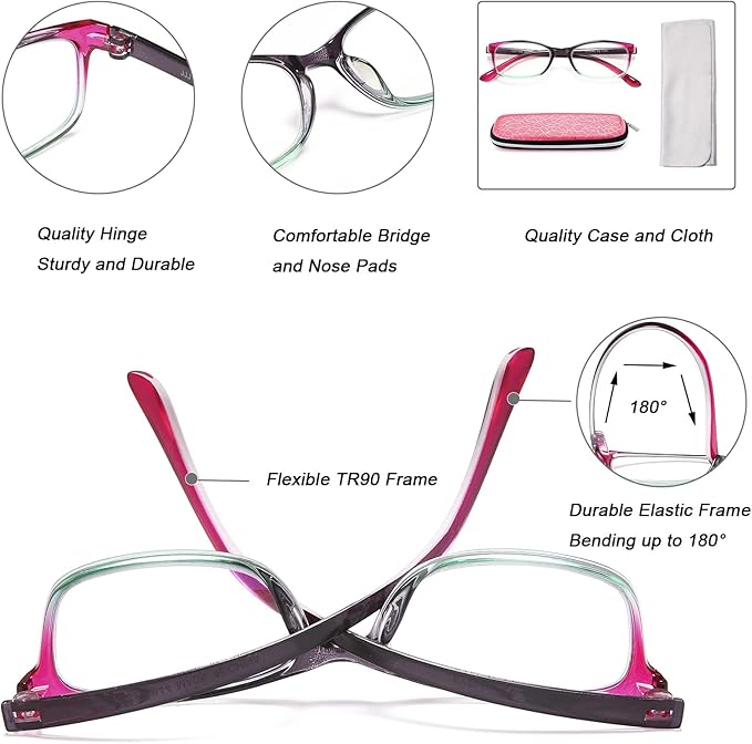 EYEURL Reading Glasses for Women, 2 Pack Blue Light Blocking Readers Lightweight Filter UV Ray/Glare Anti Eyestrain 1.0