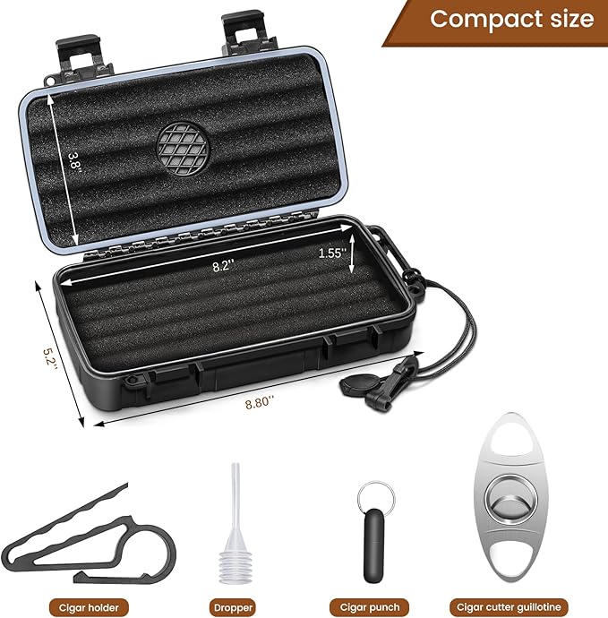 Flauno Travel Cigar Humidor Case - Portable Cigar Box kit with Humidifier Disc, Cigar Cutter, Cigar Punch, Cigar Holder & Dropper, Waterproof, Crushproof, Airtight (Holds up to 5 Cigars)