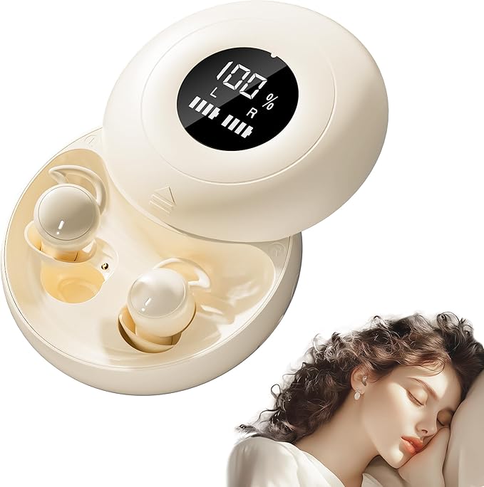 sunvito Sleep Earbuds Bluetooth 5.4, Mini Invisible Silicone Sleep Earbuds for Side Sleepers, Noise Blocking Sleeping Headphones, Hidden Earbuds with LED Display for Small Ears, Sleep & Relax (Beige)