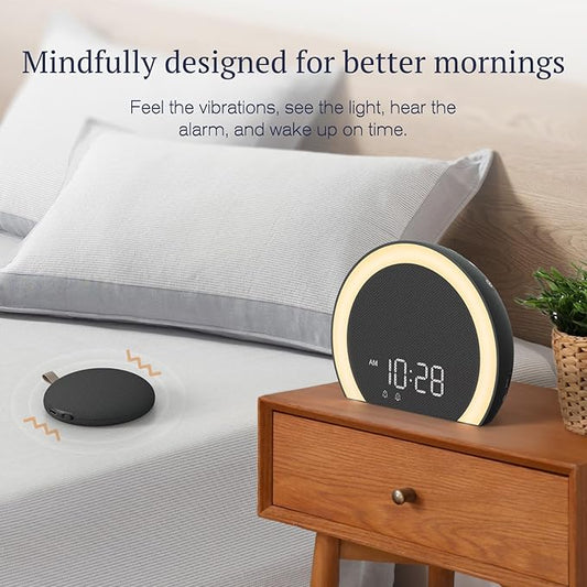 ANJANK Super Loud Alarm Clock with Wireless Bed Shaker, Vibrating Dual Alarm with Light Wake Up for Heavy Sleepers & Hearing Impaired, 9-Color Night Light, 5 Sounds, 0-100% Dimmer, USB Charger