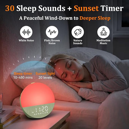 Wake Up Sunrise Alarm Clock: 10-60 Minutes Simulate Sunrise for Gentle Wake Up - 20 Adjustable Brightness Bright Enough for Heavy Sleepers - Dual Alarms with Sound Machine