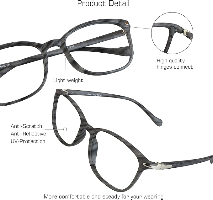 VisionGlobal Blue Light Blocking Glasses for Women/Men, Anti Eyestrain, Computer Reading, TV Glasses, Stylish Square Frame, Anti Glare (Wood, No Magnification)
