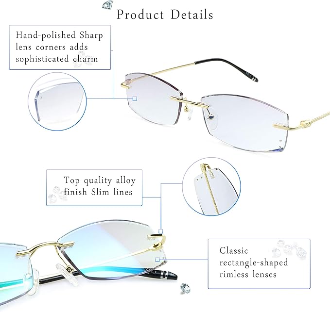 LifeArt Blue Light Blocking Glasses,Computer Reading Glasses,Rimless Frame Tinted Lens with Diamond,Stylish for Men (+4.00 Magnification)