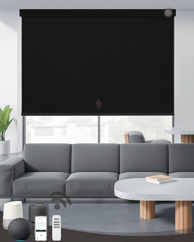 Motorized Roller Shade with Remote Control, 100% Blackout Electric 21-110” Width Blinds for Windows with Via Hub Alexa Google Home, Rechargeable Smart Automatic Customized Size（Dule Side-Black）