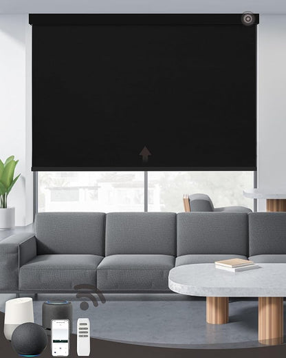 Motorized Roller Shade with Remote Control, 100% Blackout Electric 21-110” Width Blinds for Windows with Via Hub Alexa Google Home, Rechargeable Smart Automatic Customized Size（Dule Side-Black）