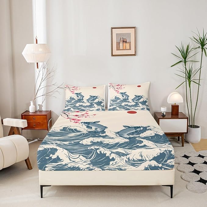 Manfei Waves Sheet Set Queen,Koi Cherry Blossom Sunrise Bed Sheet 4pcs with Deep Pocket Fitted Sheet + Flat Sheet + 2 Pillowcases Japanese Art Landscape Romantic Bedding Set for Kids Teens Room Decor