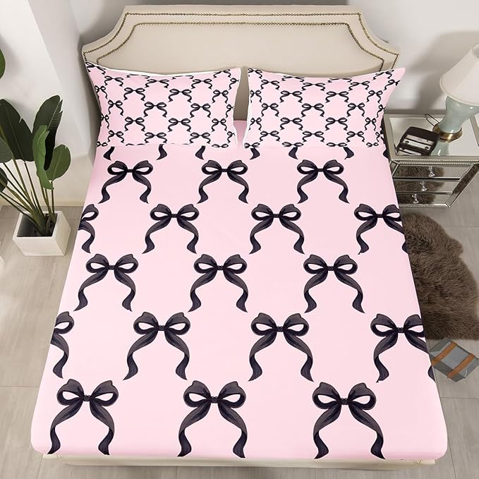 Manfei Black Bowknot Bedding Set Twin Size Princess Style Bow-tie Pink Black Bed Set for Teens Kids Sheet Dreamy Fairy Tale Bow Crossed Patchwork Bed Cover(1 Fitted Sheet+1 Pillow Case)
