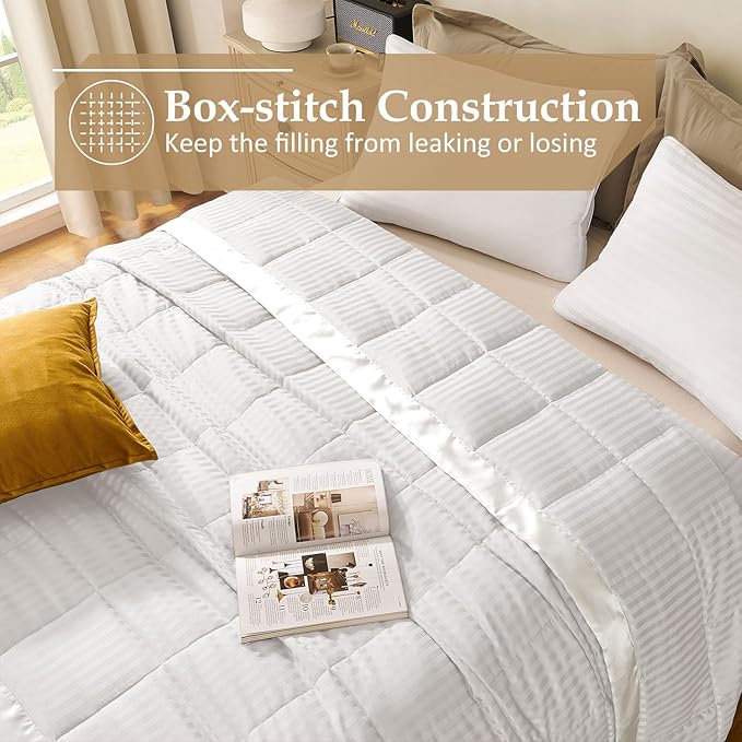 downluxe Queen Size Blanket with Satin Trim, Lightweight Down Alternative Blankets Queen Size for All Season, Machine Washable (Ivory, 90x90 Inch)