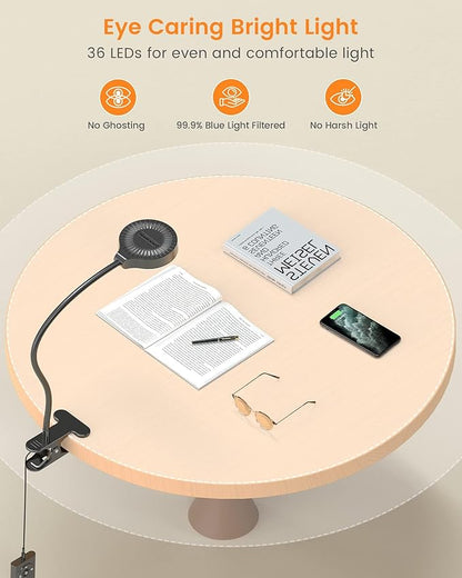 Glocusent 5W Reading Light for Bed, 36 LED Eye Caring Bed Lamp, 3 Colors & 5 Brightness Levels for Headboard with Adapter, Perfect Clip on Light for Reading, Working & Studying (Black with Remote)
