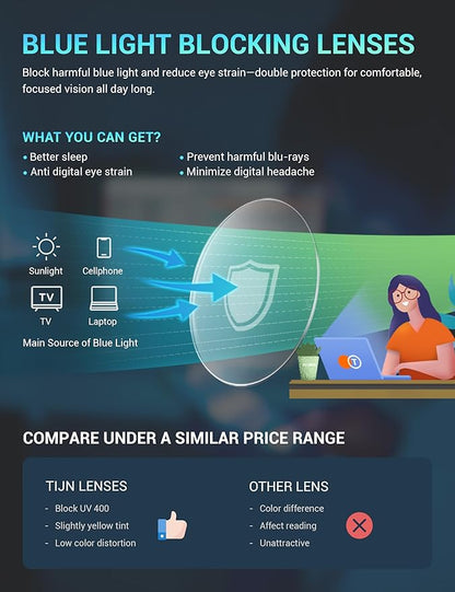 TIJN Blue Light Blocking Glasses for Women Men TR90 Frame Square Nerd Eyeglasses Anti Blue Ray Computer Screen Glasses