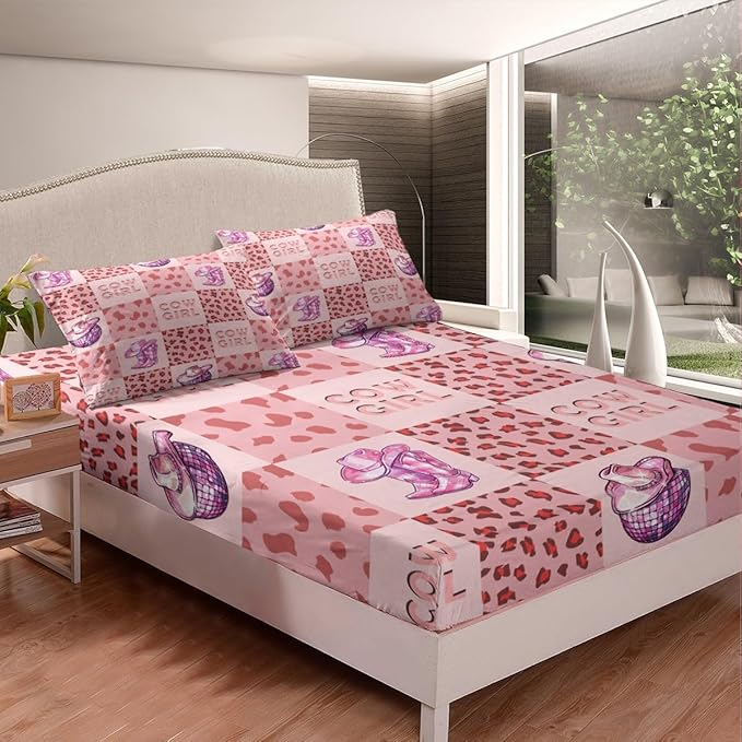 Cowgirl Fitted Sheet,Rustic Pink Cow Fur Plaids Patchwork Sheet Set for Adults Ultra Soft Room Gift,Princess Western Tribal Boots Hats Glitter Planet Bedding Set with 2 Pillowcases,Queen Size