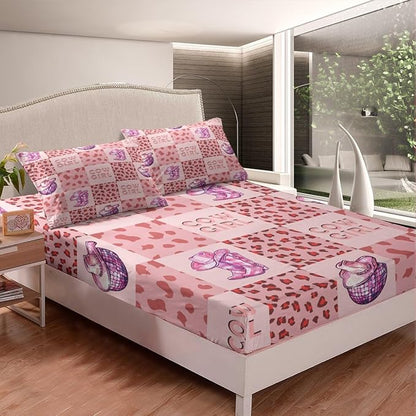 Cowgirl Fitted Sheet,Rustic Pink Cow Fur Plaids Patchwork Sheet Set for Adults Ultra Soft Room Gift,Princess Western Tribal Boots Hats Glitter Planet Bedding Set with 2 Pillowcases,Queen Size