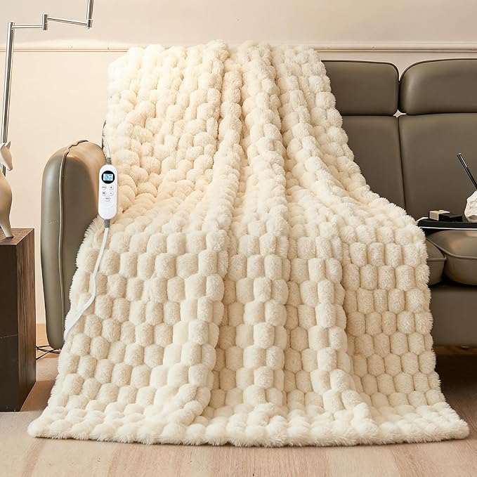 Heated Blanket Throw 50" x 60" Soft Ribbed Faux Fur Flannel Fast Heating 12 Heat Levels 1–12H Timer & Overheat Protection & Auto Shut-Off & ETL FCC & Machine Washable Heated Throw