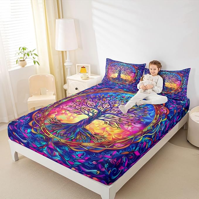 Tree of Life Kids Twin Size Fitted Sheet,Aesthetic Stained Glass Leaves Boys Girls Bed Sheets,Nature Plant Abstract Room Decor,Colorful Bedding Set,1 Pillowcase(No Flat)