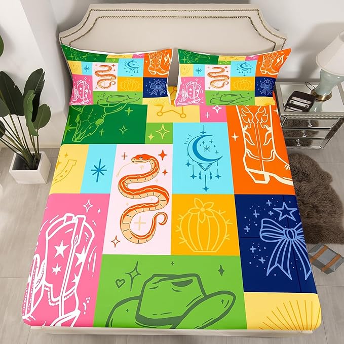 Manfei Cowboy Bed Sheet Set 3 Pieces,American Western Boho Tribal Boots Microfiber Bedding Set Without Flat,Gothic Snake Stars Bowknot Colorful Grids Patchwork Fitted Sheet,2 Pillow Cases,Full Size