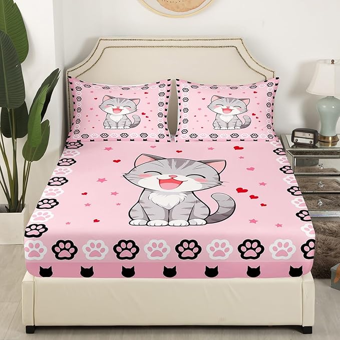 Lovely Cat Fitted Bottom Sheet Twin Size,Pink Black Cat Paw Footprint Sheet Set Soft Polyester Bedding,Cute Animals Pink Print Bed Cover(1 Fitted Sheet+1 Pillow Case)