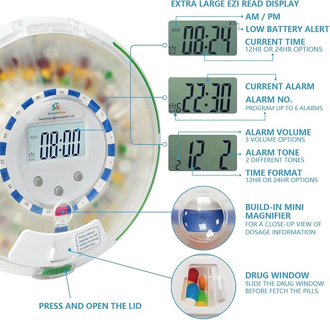 Automatic Pill Dispenser with Alarm, Flashing Light and Sound, 28 Day Pill Dispenser Machine for Elderly, Frosted Lid with Safety Lock, Medication Dispenser Improving Your Pills Privacy