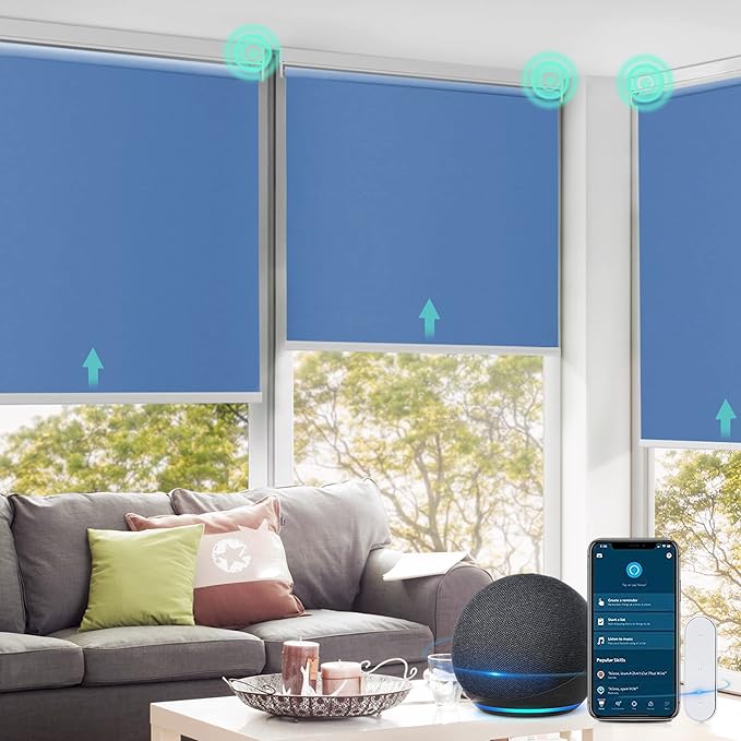Allesin Motorized Roller Shade Work with Alexa for Window, 100% Blackout Smart Shades Cordless with Remote Control, Electric Automated Blinds for Window, Customized Size for Smart Home (Sea Blue)