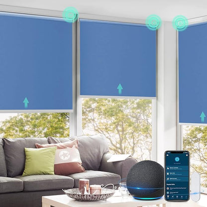 Allesin Motorized Roller Shade Work with Alexa for Window, 100% Blackout Smart Shades Cordless with Remote Control, Electric Automated Blinds for Window, Customized Size for Smart Home (Sea Blue)