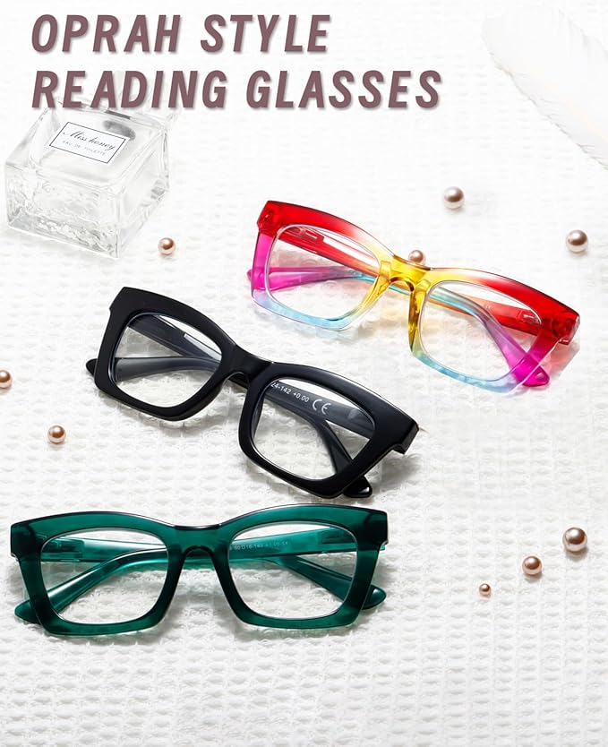 Hubeye Oprah Style Reading Glasses for Women Men Blue Light Blocking Computer Square Readers with Spring Hinge