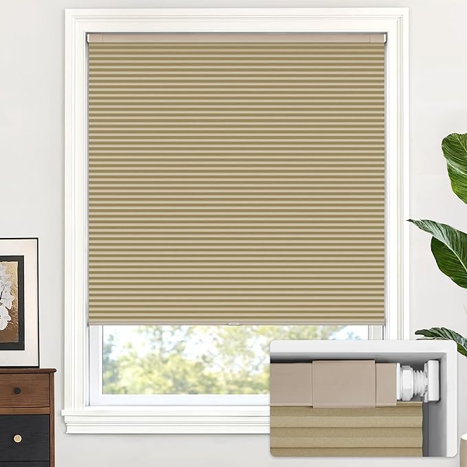 LazBlinds Cordless Cellular Shades, No Tools No Drill Blackout Honeycomb Shades Pleated Blinds for Windows, 20'' W x 48'' H, Taupe